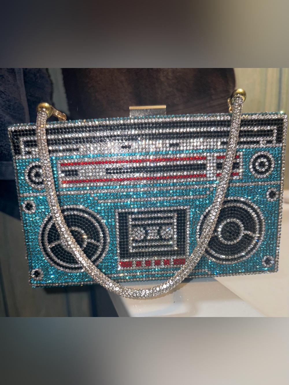 Sparkly rhinestone vintage-inspired Boom Box handbag shoulder bag crossbody bag.